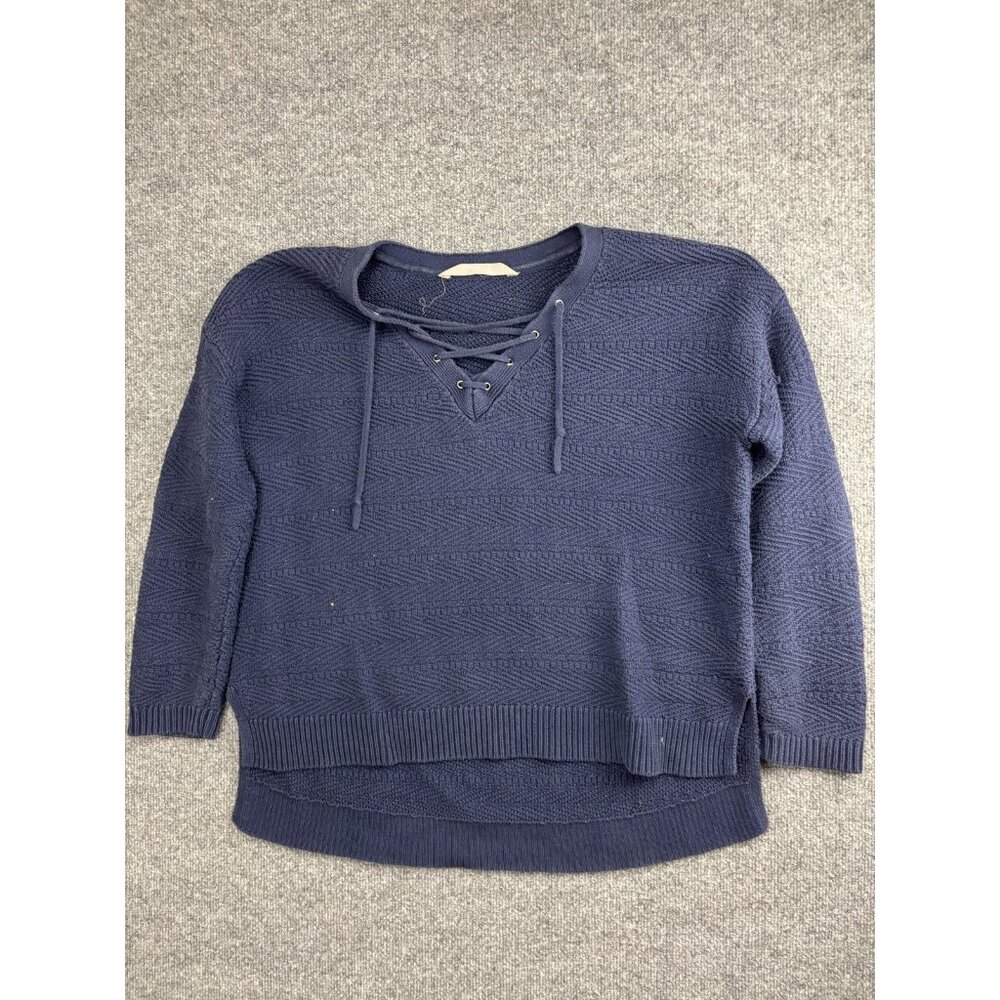 Athleta Sweater Womens Large Blue Lace Up V Neck Herringbone Knit Pullover‎